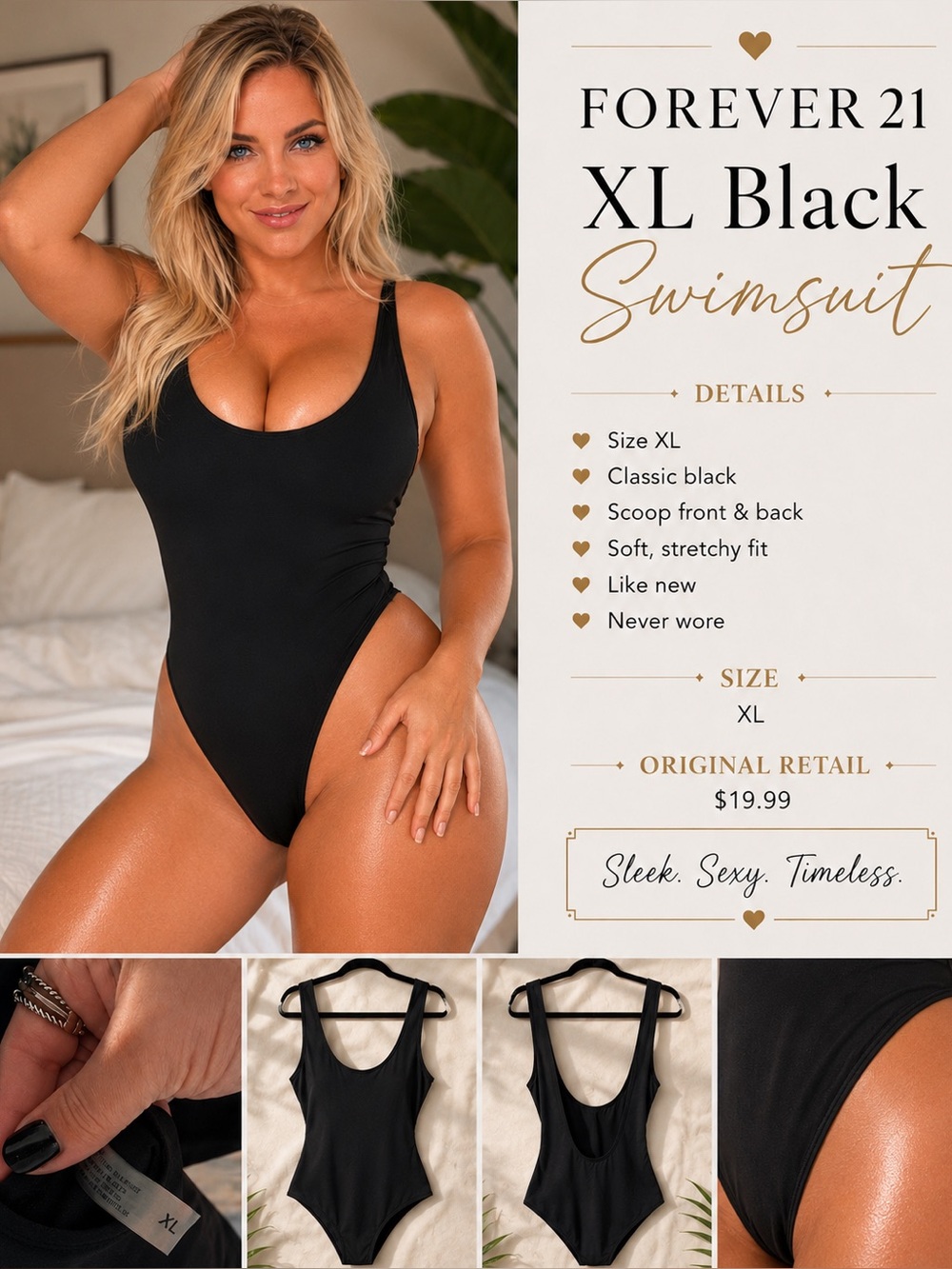 Forever 21 Classic Black Scoop One-Piece Swimsuit - XL